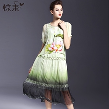 惊束渐变色莲花印花大码裙子 短袖A字裙真丝拼接长裙连衣裙女装图片