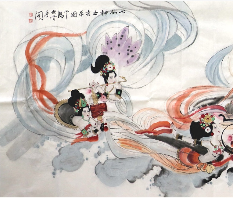 海洋画廊手绘八尺飞天舞女人物国画办公室字画客厅沙发背景中式画