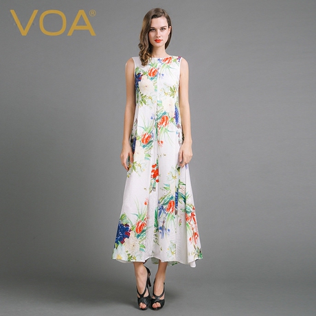 VOA欧美花色无袖圆领真丝连衣裙气质修身印花褶皱A字长裙女商品大图