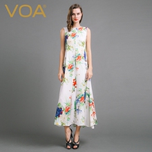 VOA欧美花色无袖圆领真丝连衣裙气质修身印花褶皱A字长裙女图片
