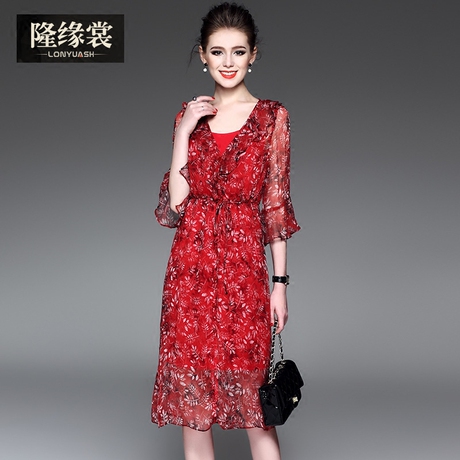隆缘裳春装2017新款女时尚气质优雅七分袖系带收腰真丝连衣裙1716商品大图
