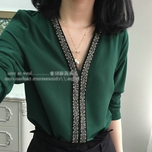 百搭上衣 雪纺衬衫 女装 胖mm名媛钉珠V领时尚 2017秋新款 加肥加大码