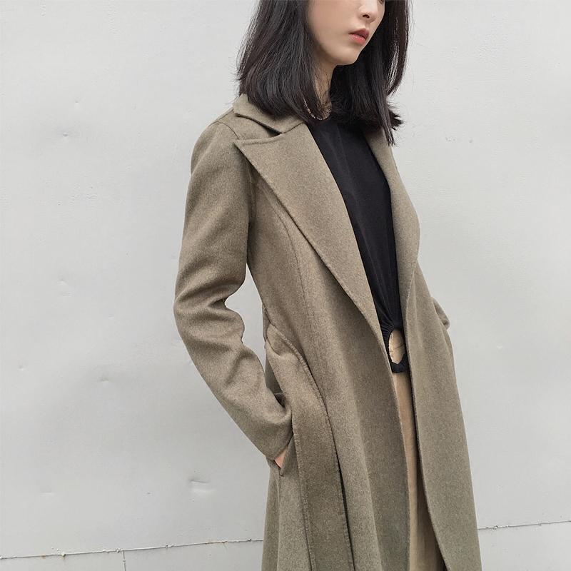 msbeast 优雅女性气质 卡其绿100支羊毛双面羊绒大衣女外套长款冬