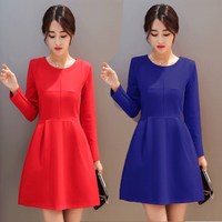 2016秋冬韩版修身显瘦大码女装蓬蓬裙红黑色