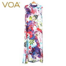 VOA真丝提花白紫嫣红半高领盖肩无袖A字自然腰中式连衣裙A6579图片