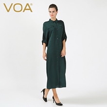 VOA 墨绿纯色提花真丝开衫式连衣裙 两用连袖方领宽松版长裙Loose图片