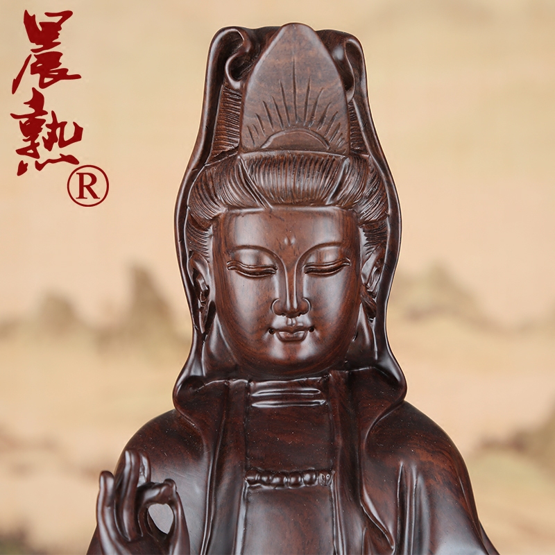 木雕观音菩萨佛像摆件 黑檀木花梨木质站立如意观音客厅供奉摆件