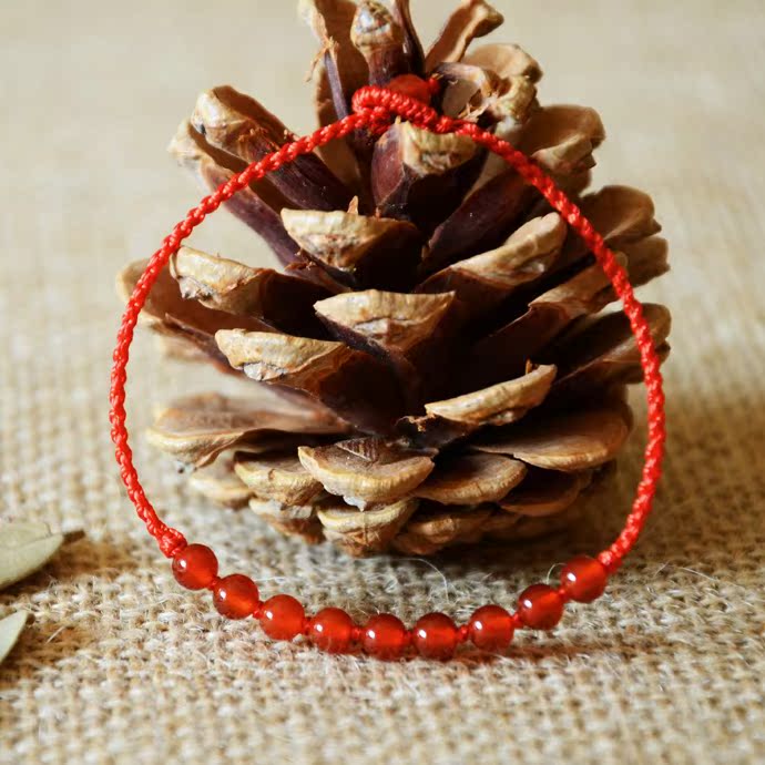 纯手编细红黑绳珠四股编手绳店主玛瑙_手链_