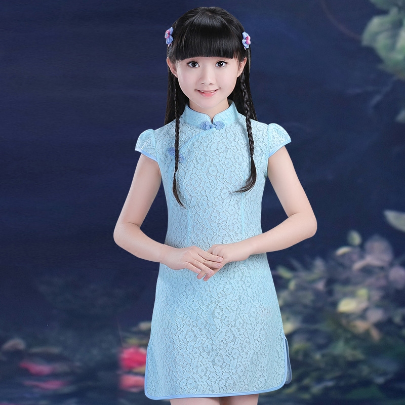 儿童装短袖蕾丝旗袍 女童大童唐装奇袍公主裙 小孩女孩中国风夏装