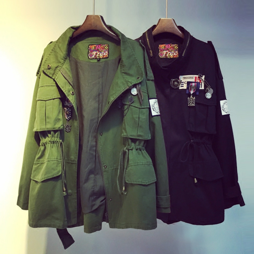 2017春装新款韩版女休闲刺绣工装风衣中长款春秋宽松收腰薄款外套