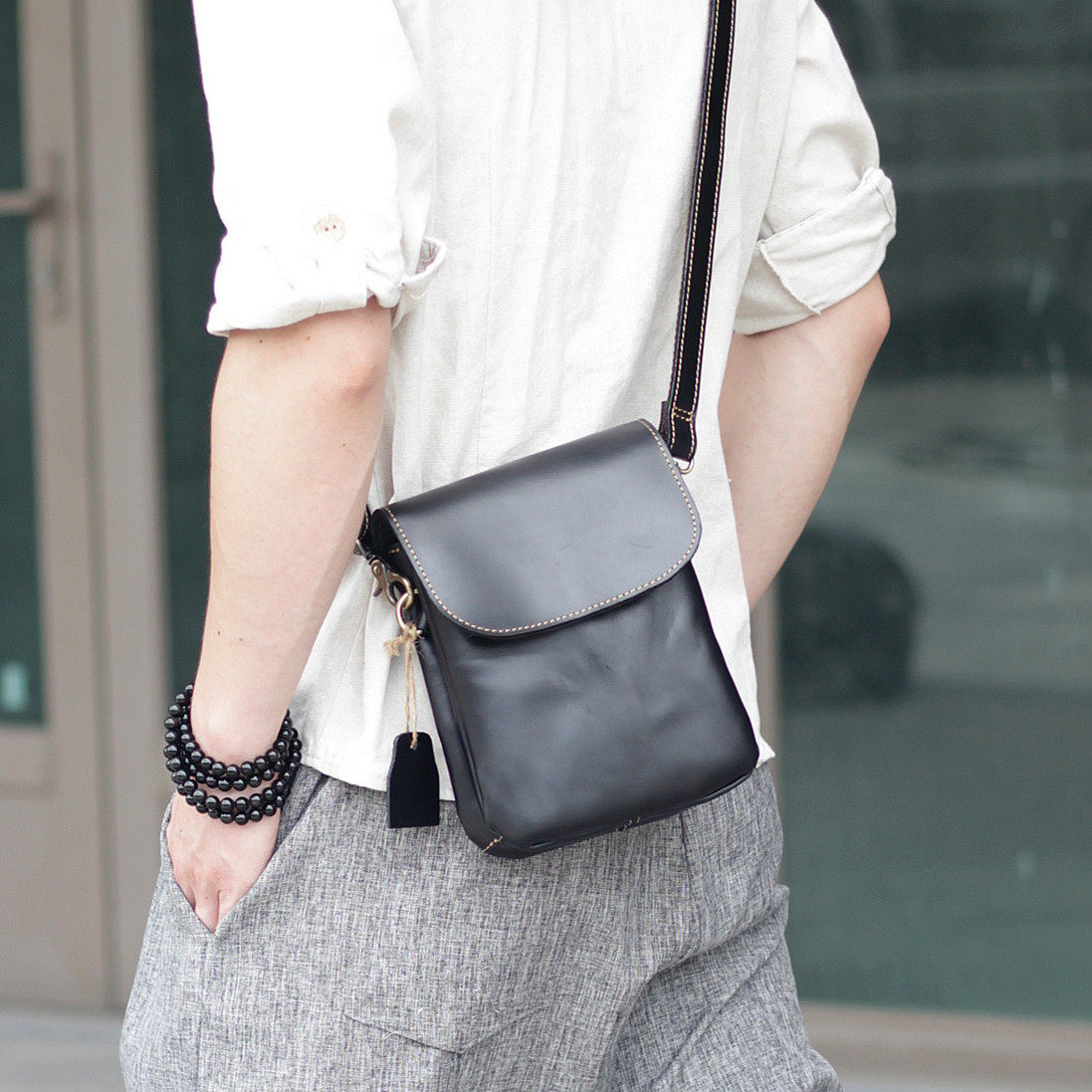 2017新款腰包男手工真皮斜挎迷你运动休闲小包 疯马皮男包单肩包