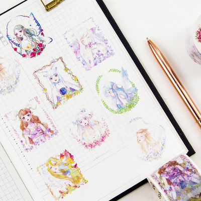 天空岛精灵少女和纸胶带整卷卡通植物女孩手帐相册装饰手账贴画纸_双