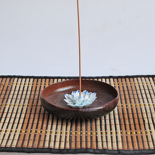 包邮 褐色颜色釉莲花香盘 景德镇陶瓷仿古佛教圣物 香插熏香盘