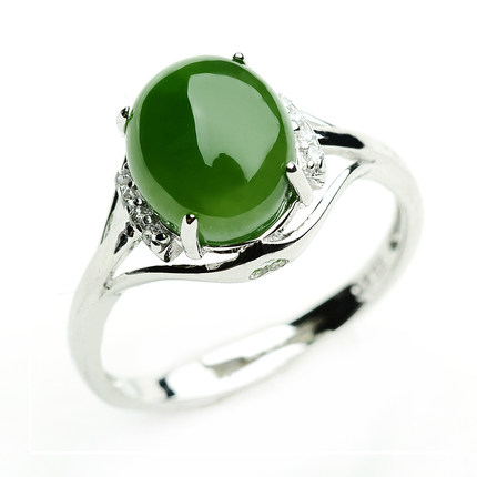 正品925纯镶嵌菠菜绿碧玉戒指 复古天然玉石女款可伸缩和田玉指环_不