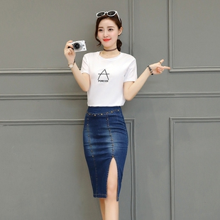 欧美新款气质修身显瘦2016新款包臀半身牛仔裙开叉一步裙女潮