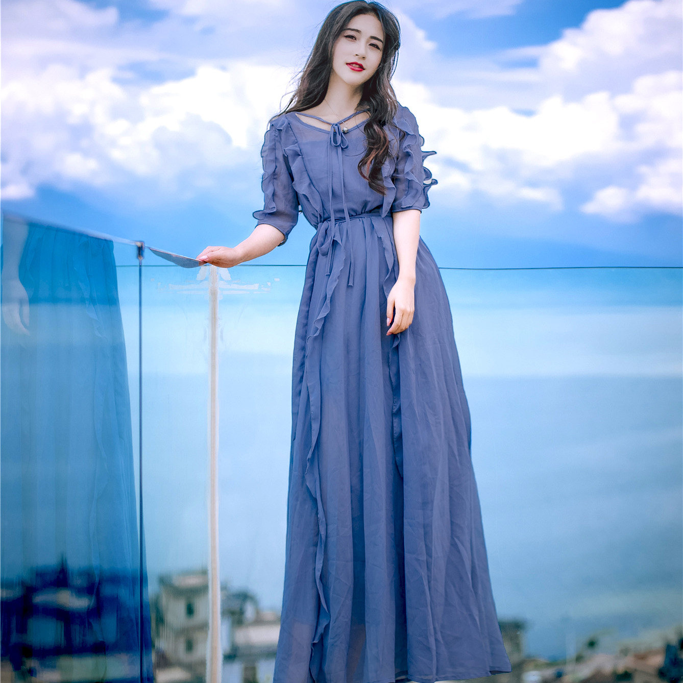 2017新款夏天荷叶边显瘦大摆连衣裙五分袖度假沙滩裙长裙波西米亚