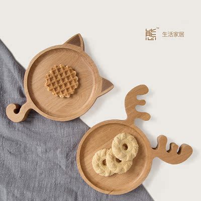态生活创意卡通儿童餐碟小鹿猫咪碟子榉木蛋糕茶点小碟子装饰木盘
