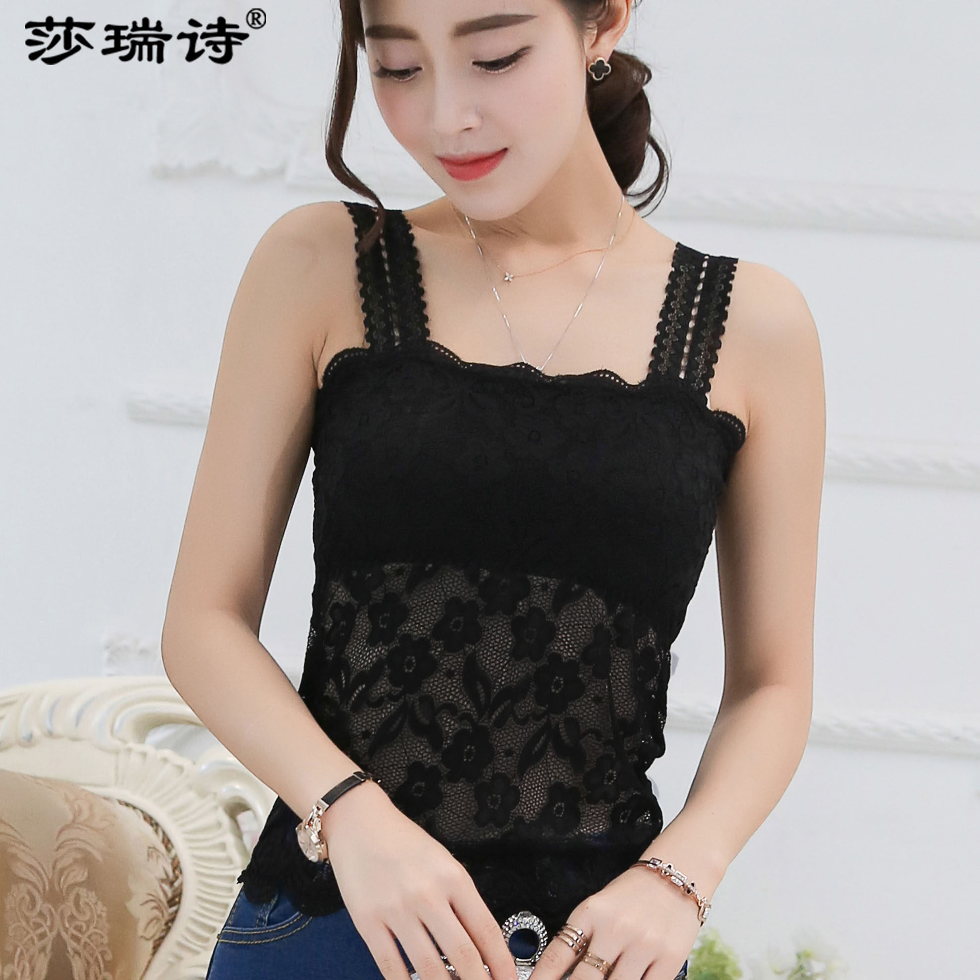 吊带小背心性感甜美春夏少女学生百搭蕾丝花边带胸垫打底抹胸裹胸