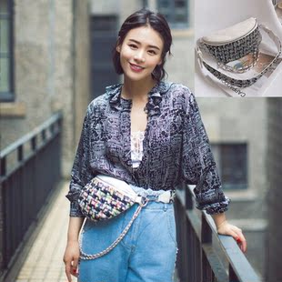 马思纯明星同款毛呢链条腰包2017新款韩版百搭斜挎时尚单肩女包