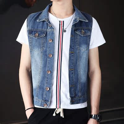 夏秋季新款男士牛仔马甲无袖外套男装背心青少年韩版修身马夹克潮