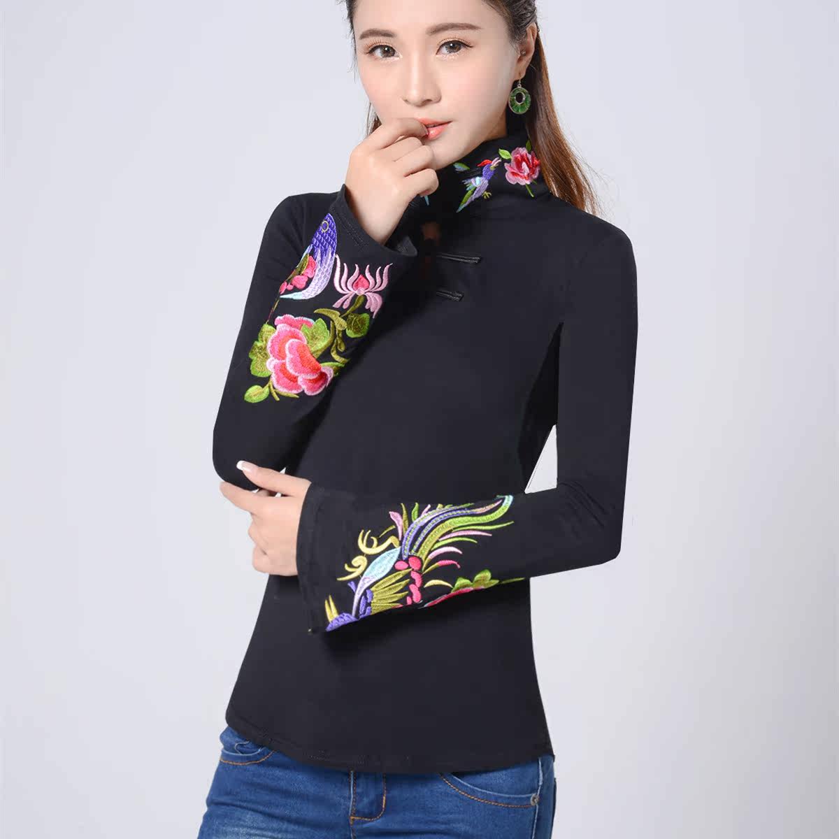 天天特价中国风女装大码春装打底衫民族风绣花长袖t恤女刺绣上衣