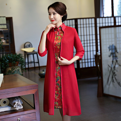 蓝仙子秋款2017新款织布鸟旗袍连衣裙长袖中长款两件套改良奥黛裙