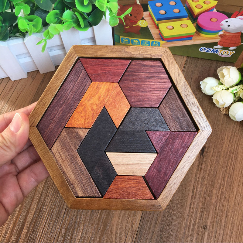 木制六边形智力几何拼图拼板 幼儿园宝宝儿童积木七巧板玩具