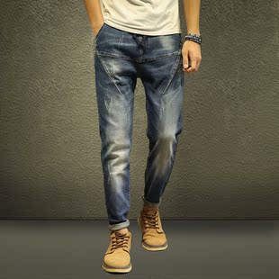 无磁无铁裤子男小裤脚原宿风宽松小脚哈伦裤秋冬款小腿嘻哈牛仔裤