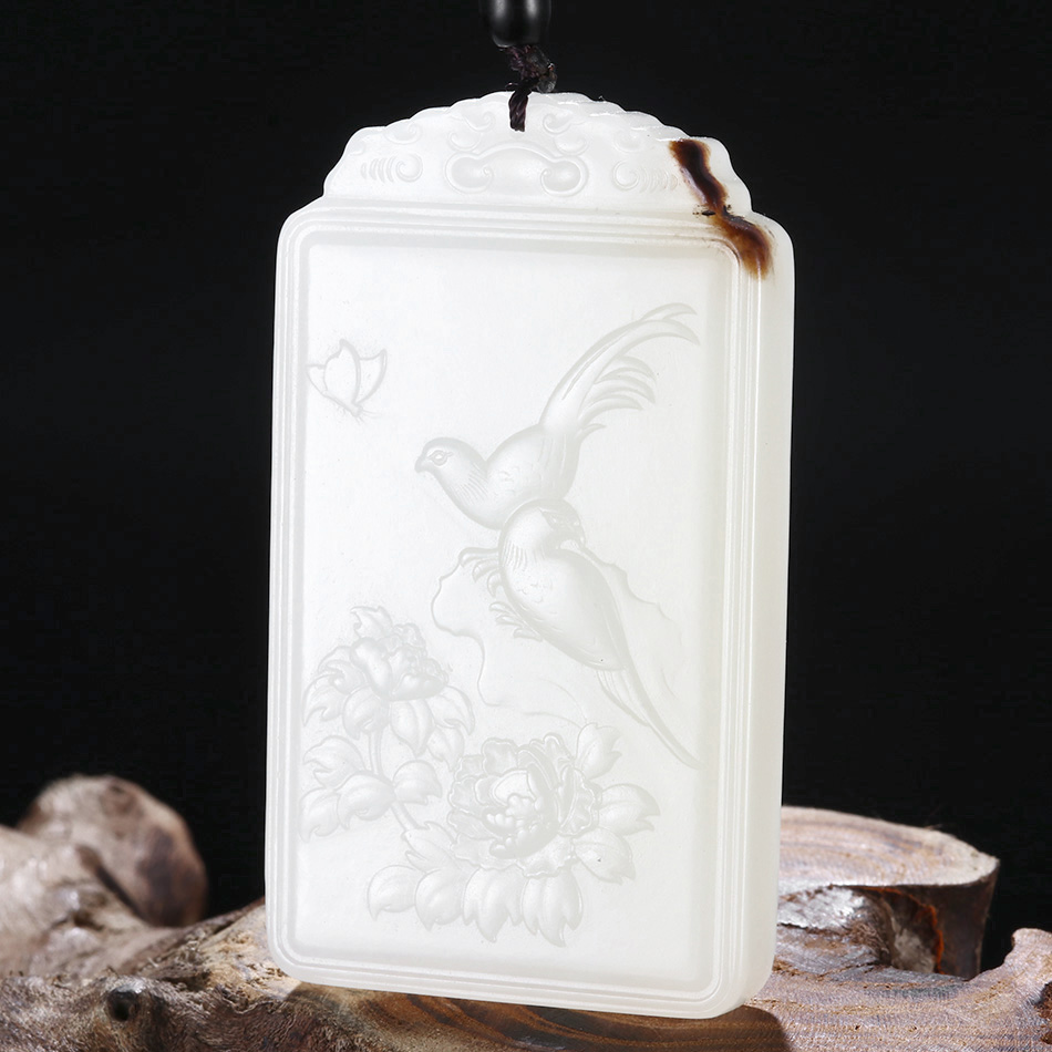 玉图腾 新疆和田玉籽料白玉牌子喜鹊牡丹黑皮玉石吊坠 花开富贵