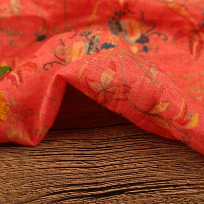 红底花枝印花高端纯苎麻服装面料连衣裙宽松袍子专用麻料夏季薄款