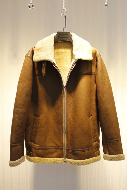 亏本清仓美利奴羊皮毛一体毛领边扣带 欧美时尚飞行真皮夹克男装