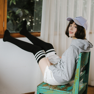 日系过膝袜子女秋冬长筒纯棉防滑学生袜子三杠加长显瘦高筒大腿袜