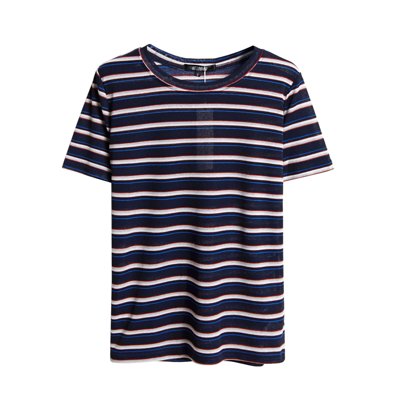 卡农自制 韩范修身百搭新款彩色条纹圆领短袖麻纱tee/t恤/上衣 女