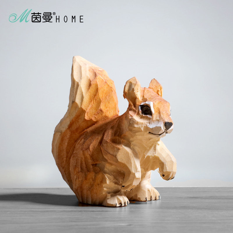 茵曼home实木木制手工工艺松鼠 家居饰品纯手工雕刻 动物木雕摆件