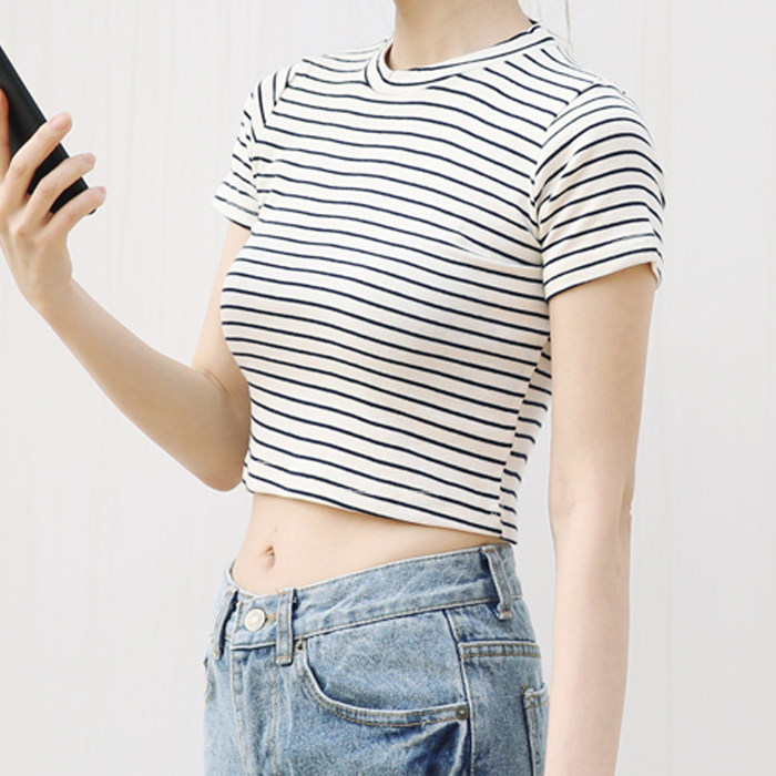 春夏装短袖纯棉小高领t恤女修身上衣高腰露脐装紧身条纹短款半袖