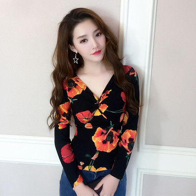 2017秋冬女夜店性感深v领长袖上衣紧身显瘦花色打底衫潮舞蹈服t恤