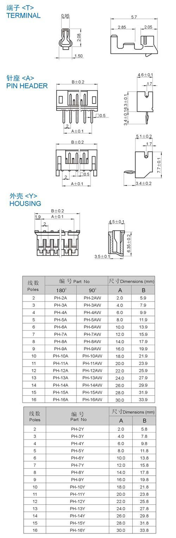 xh-2.54 mm间距 白色 接线端子 接插件 塑胶壳头2p 3p 4p