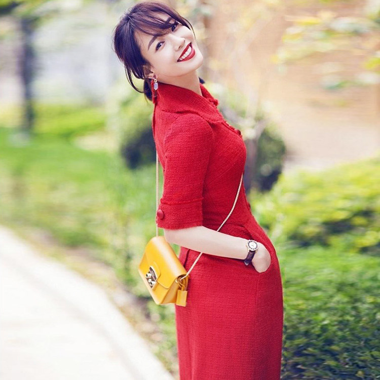 2017女装新款 时尚百褶精品女装 优雅束带修身大红长裙礼服连衣裙