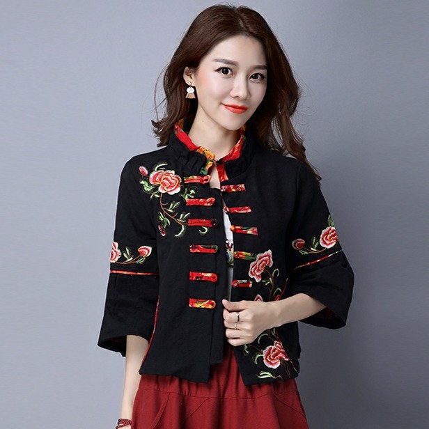 春秋民族风女装中式上衣棉麻宽松短外套七分袖立领绣花短款小外套