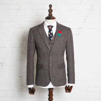 灰色格子意大利复古修身西装外套 欧美英伦绅士瘦身男装西服_不打折