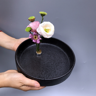 陶瓷花盘禅意日式花盆小原流花道剑山插花盘水盘简约黑色 送剑山