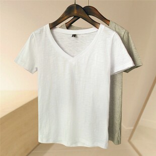 韩范竹节棉学生白色t恤女短袖夏v领简约修身显瘦纯色半截袖体恤纯