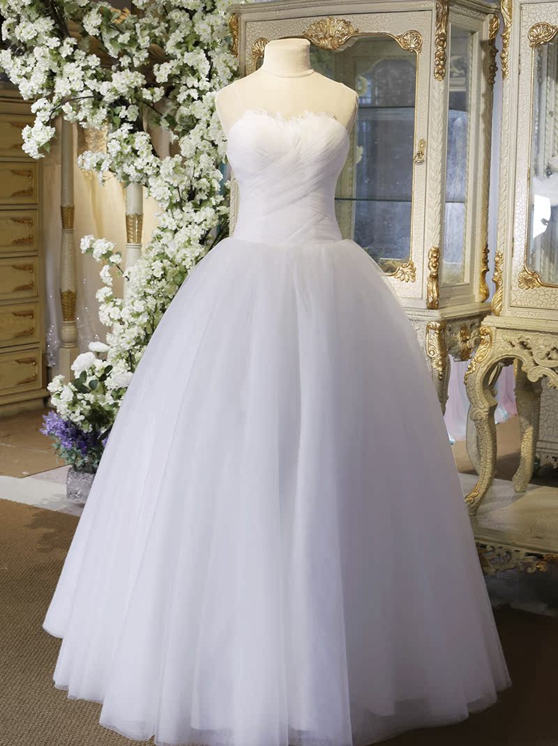 蔡美月2016冬季新款婚纱简约羽毛礼服心形抹胸蓬蓬裙齐地公主裙_6折