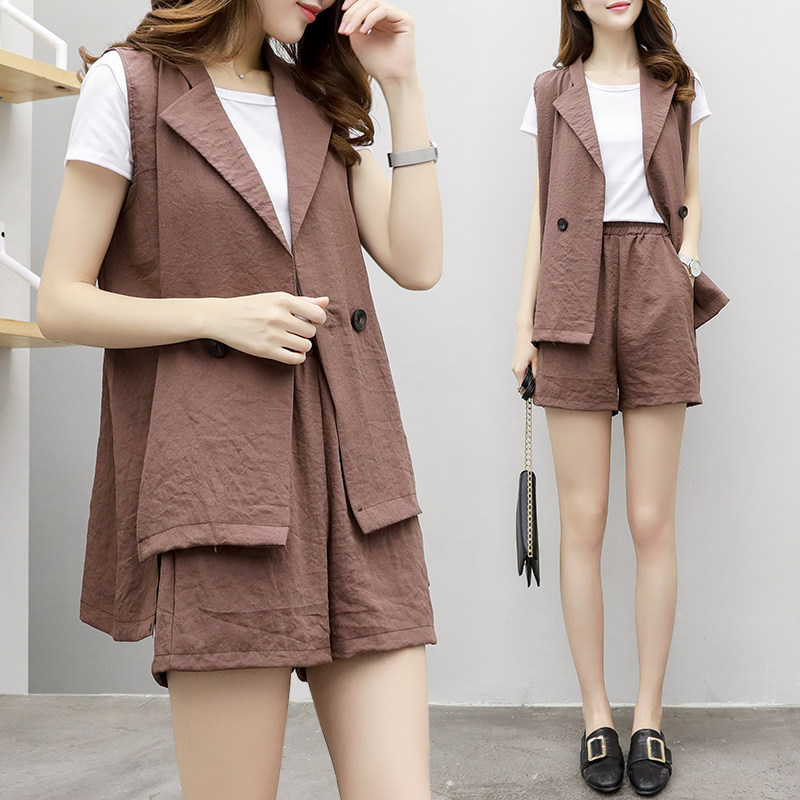 2017夏季韩版亚麻西装外套马甲短裤休闲两件套装棉麻西服小香风女
