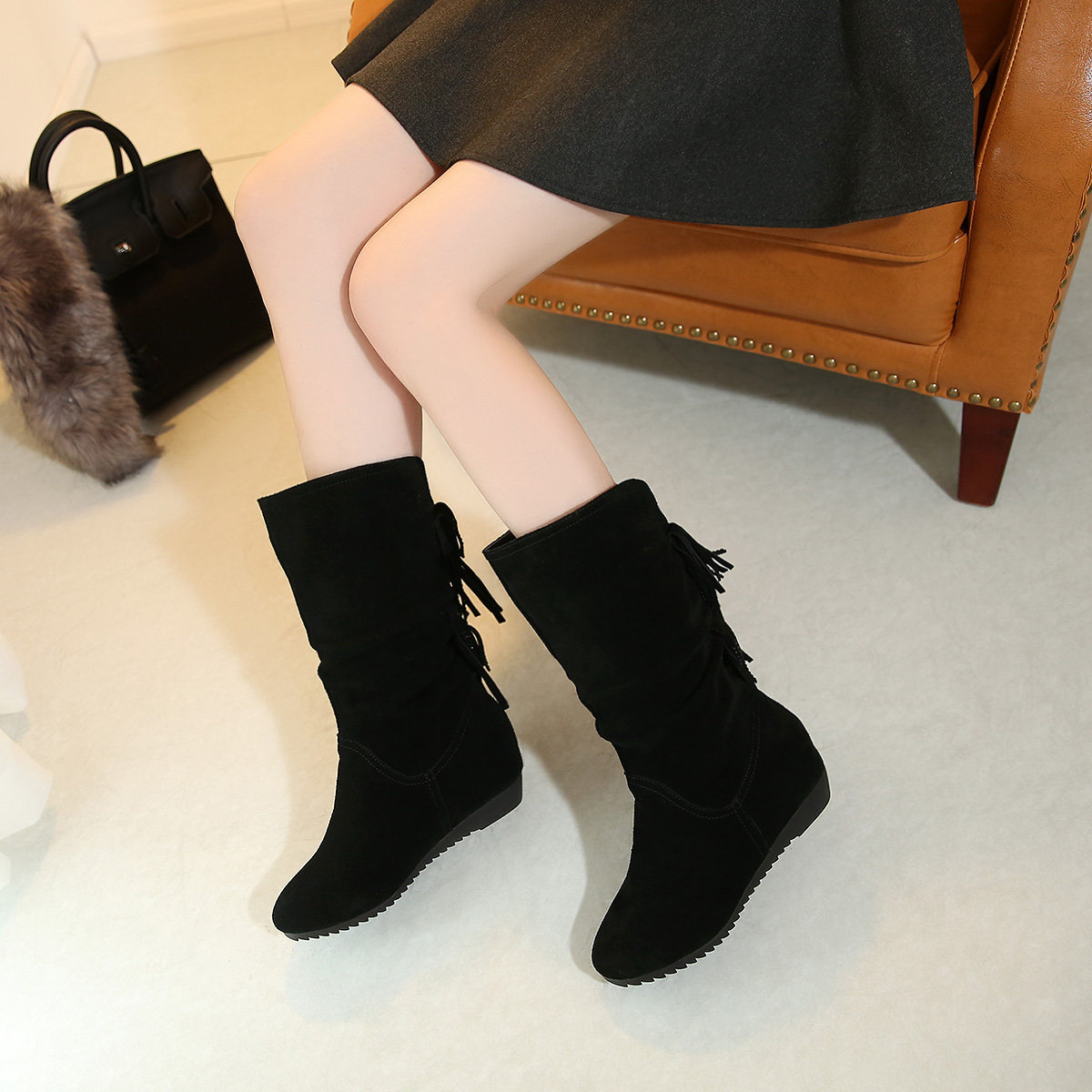 图格兰单靴秋季女鞋短靴女春秋平底内增高及踝靴磨砂皮女靴子裸靴