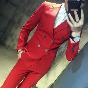 新款韩版帅气西服套装男士修身潮流伴郎礼服男式双排扣西装两件套