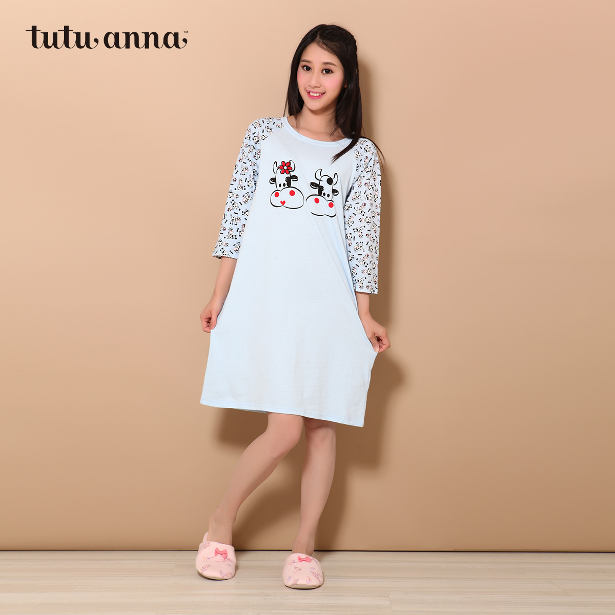 tutuanna连衣裙 棉质女士中裙睡衣 可爱情侣奶牛睡裙