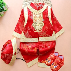 送鞋帽男宝宝唐装套装秋冬男童百天周岁礼服儿童新年装拜年礼服红