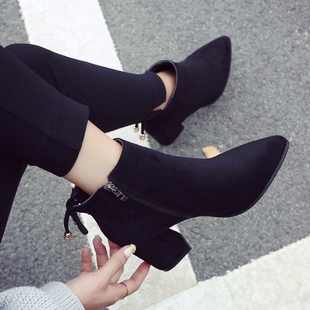 尖头马丁靴高跟短靴女粗跟加绒短筒靴百搭裸靴皮靴子2017秋冬女鞋