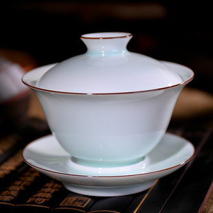 三才碗陶瓷茶碗茶杯功夫茶具描边 景德镇高档全手工青白瓷大盖碗